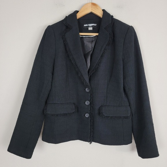 Karl Lagerfeld Jackets & Blazers - Karl Lagerfeld Blazer Womens 6‎ Black Fringe Tweed Single Breasted Long Sleeve